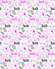 Voodoo doll seamless pattern in pink and black colors 