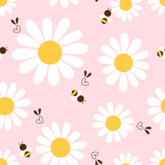 Daisies seamless pattern with cartoon bee on pink background vector illustration.