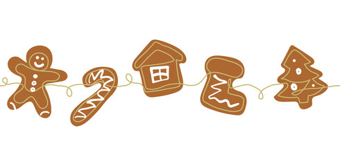 Gingerbread cookies christmas border. One continuous line drawing of baked ginger bread man, tree, house, sock. Line art background, border.