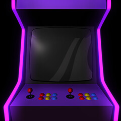 Close up to the empty screen of an arcade machine. A 3D illustration background with copy space