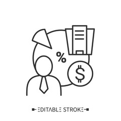 Stakeholder icon. Businessman with shares, stakes, percent of money income to company. Person who has investment in PR. Financial interest concept. Isolated vector illustration. Editable stroke 