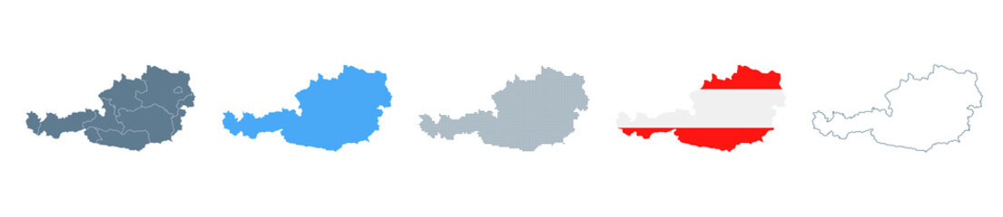 Austria Map Set - Vector Solid, Contour, Regions, Flag, Pixels