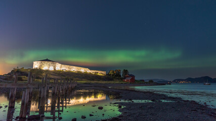 Aurora borealis over a Norwegian castle in Stjordal