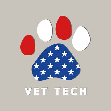 Vet Tech Week Concept, Pet Doctor Vector Banner. American Flag And Animal Paw On Gray.