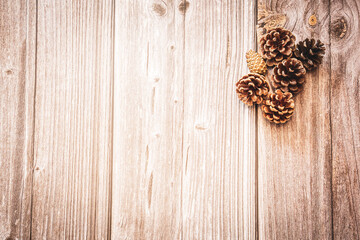 Pine cones on a wooden background with copy space, an autumn background