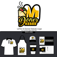 Letter M Meat Doner Kebab Dishes Vector Logo Design Illustration for Turkish and Arabian Fast Food Restaurant with Brand Identity Include Shirt. Apron. Hat. Cup. Business Card. Initial Typography Logo