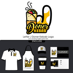 Letter J Meat Doner Kebab Dishes Vector Logo Design Illustration for Turkish and Arabian Fast Food Restaurant with Brand Identity Include Shirt. Apron. Hat. Cup. Business Card. Initial Typography Logo
