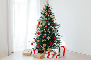 Christmas tree pine with gifts for the new year interior postcard banner