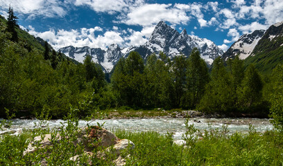 Fast mountain river, water sparkles, rocky bottom and shore. Over the peaks of coastal birches are rocky snowy mountains, blue sky. Caucasus Mountains. Russia.