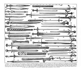 Roman swords collection with names / Antique engraved illustration from from La Rousse XX Sciele	