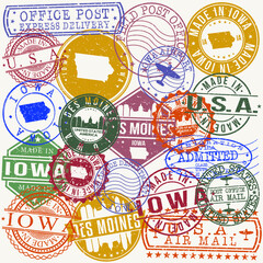 Des Moines Iowa Set of Stamps. Travel Stamp. Made In Product. Design Seals Old Style Insignia.