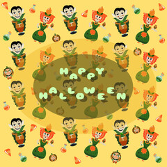 Obraz premium Halloween background pattern illustration with Dracula and witch on the yellow colours with inscription