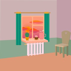 Vector image of a room with a view on a sunset and cactus, cake and cup on a windowsill