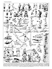 vintage collection of gymnastics and physical sports with text / Antique engraved illustration from from La Rousse XX Sciele	