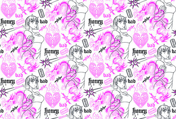 Seamless pattern with dragon, heart, girl and honey text 