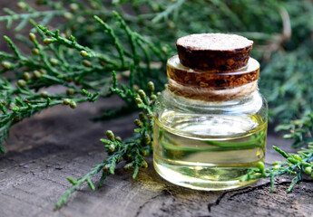 Juniper essential oil in a glass bottle on old wooden background. Herbal medicine, spa, aromatherapy and body care concept wit copy space.Selective focus.