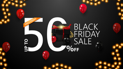 Black Friday Sale, up to 50% off, black discount banner with modern typographic for your website with large 3D offer