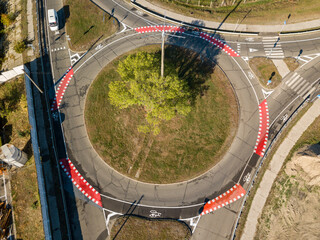 Aerial drone view. Road with markings for cyclists.