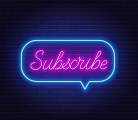 Naklejka na ściany i meble Subscribe neon text in a speech bubble frame on a brick wall background. Vector illustration.