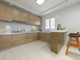 Simple modern family kitchen design, equipped with cabinets, refrigerators and a variety of tableware, but also designed with a bar