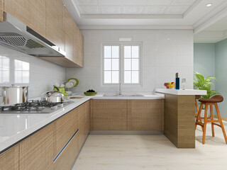 Simple modern family kitchen design, equipped with cabinets, refrigerators and a variety of tableware, but also designed with a bar
