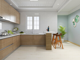 Simple modern family kitchen design, equipped with cabinets, refrigerators and a variety of tableware, but also designed with a bar