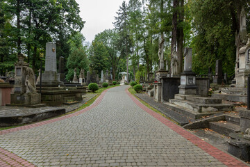Lviv, Ukraine - 25.09.2020 : historic Lychakiv Cemetery Eastern Europe. Ancient statues and...