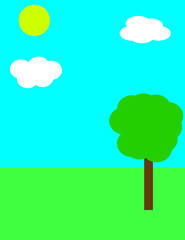Illustration of Green tree, clouds, Sun, blue sky & Grass