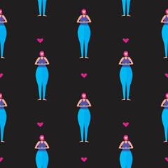 Seamless pattern with woman doing yoga, asanas isolated on black background as endless pattern, flat vector stock illustration with women and heart