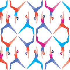 Seamless pattern with woman doing yoga, asanas isolated on white background as endless pattern, flat vector stock illustration as background or texture