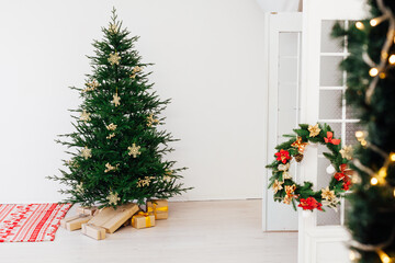 Christmas card for the new year presents the Christmas tree pine decor winter interior