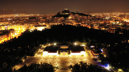 Aerial drone photo of Athens Zapeion hall illuminated by night, Attica, Greece
