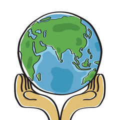   Hands and Earth vector on concept save earth isolated on white background.Free hand drawing style.