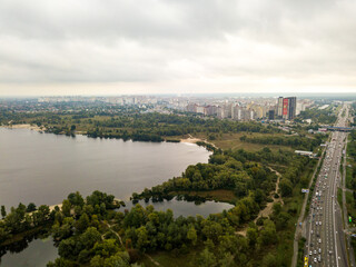Fototapeta premium Aerial drone view. Bay of the Dnieper River in Kiev.
