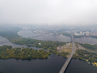 High aerial view of Kiev and the Dnieper river from under the clouds.