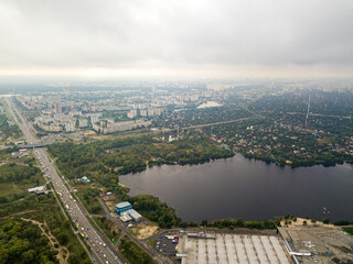 Aerial drone view. Bay of the Dnieper River in Kiev.