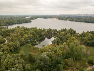 Fototapeta na wymiar Aerial drone view. Bay of the Dnieper River in Kiev.