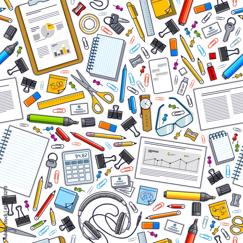 Poster work office desk top view with a lot of different stationery elements seamless vector wallpaper, bus