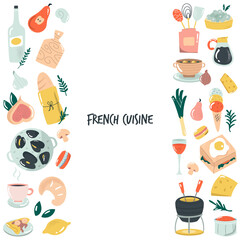 Hand drawn banner, background with French food. Delicious vector illustration