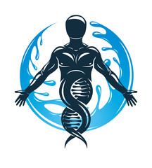 Vector graphic illustration of strong male created as scientific model of human DNA and surrounded by a water ball. Eco friendly technology, technology and nature interaction.