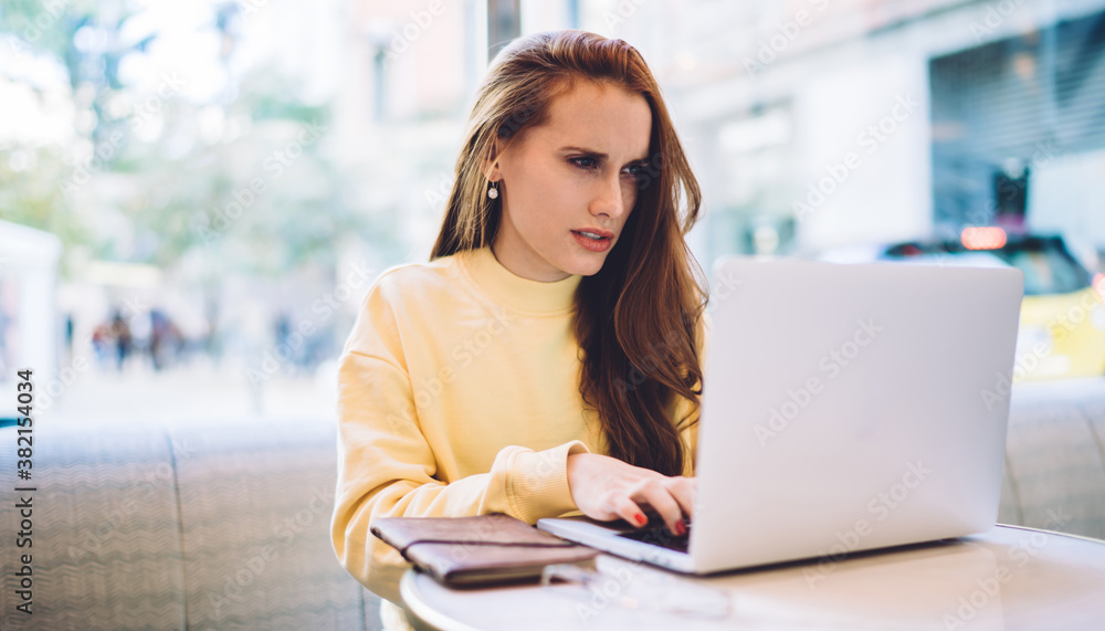 Poster puzzled female freelancer working remotely with online startup project solving problem with mistakes