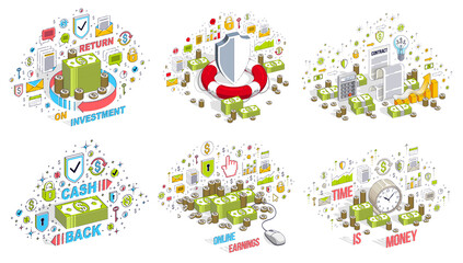 Different finance concepts illustrations 3D vector set isolated on white background, business and money conceptual designs collection, savings, bank, contract, income, safety, online.