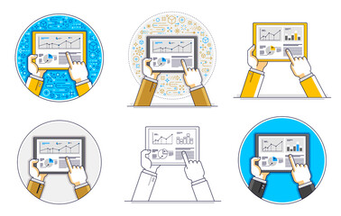 People hands with tablets different business and finance concepts vector illustrations set, men holding gadgets images collection.
