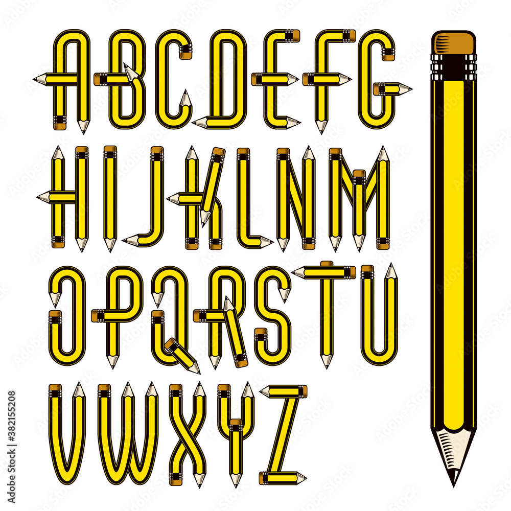 Fototapete vector upper case english alphabet letters collection constructed with sharp pencils, office tools d