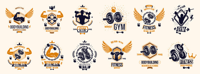 Fitness sport emblems logos or posters with barbells dumbbells kettlebells and muscle man silhouettes vector set, athletic workout active lifestyle theme, sport club or competition awards.