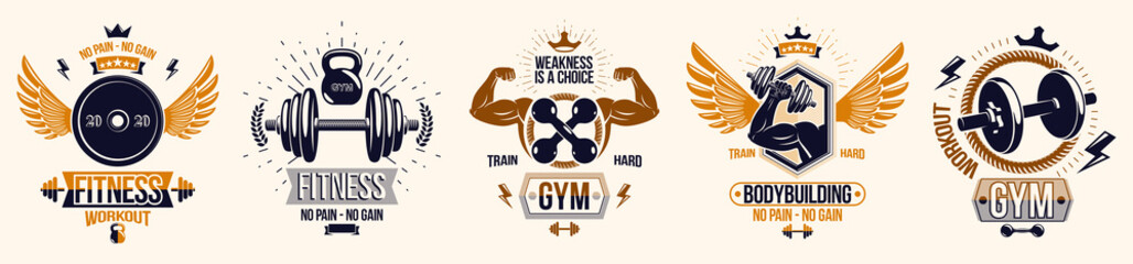 Plakat Gym fitness sport emblems and logos vector set isolated with barbells dumbbells kettlebells and muscle body man silhouettes and hands, athletics workout sport club, active lifestyle.