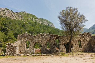 Olympos archeological site at Olympos national park site near Cirali beach and mount Tahtali in Turkey