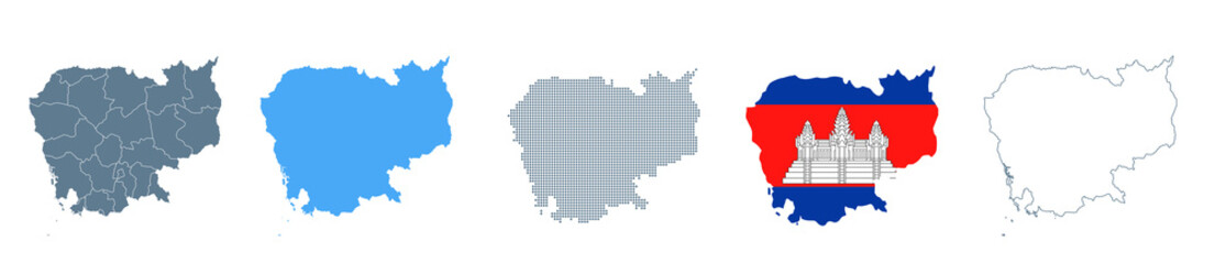 Fototapeta na wymiar Cambodia Map Set - Vector Solid, Contour, Regions, Flag, Pixels