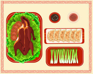 set of chinese food, roast duck and steamed dumpling, vector illustration