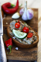 Sandwiches with pate on a wooden board. Healthy snack. Selective focus. Macro.